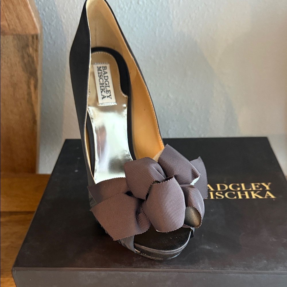 Badgley Mischka Black Peep-Toe Pump with Taupe Bow Accent